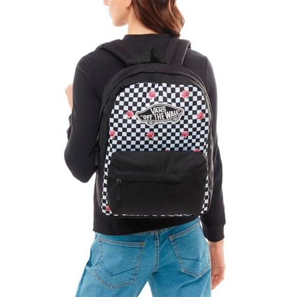 Vans Realm Checkerboard Roses Backpack School Bag Skater Surfer Black White - Picture 2 of 8